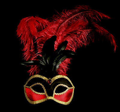Velluto Feather Venetian Masquerade Mask - Black And Red