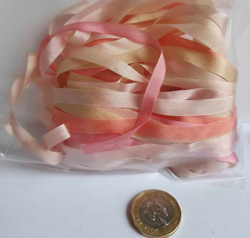 6 lengths 6 metres 7 mm silk ribbon peaches and yellow D