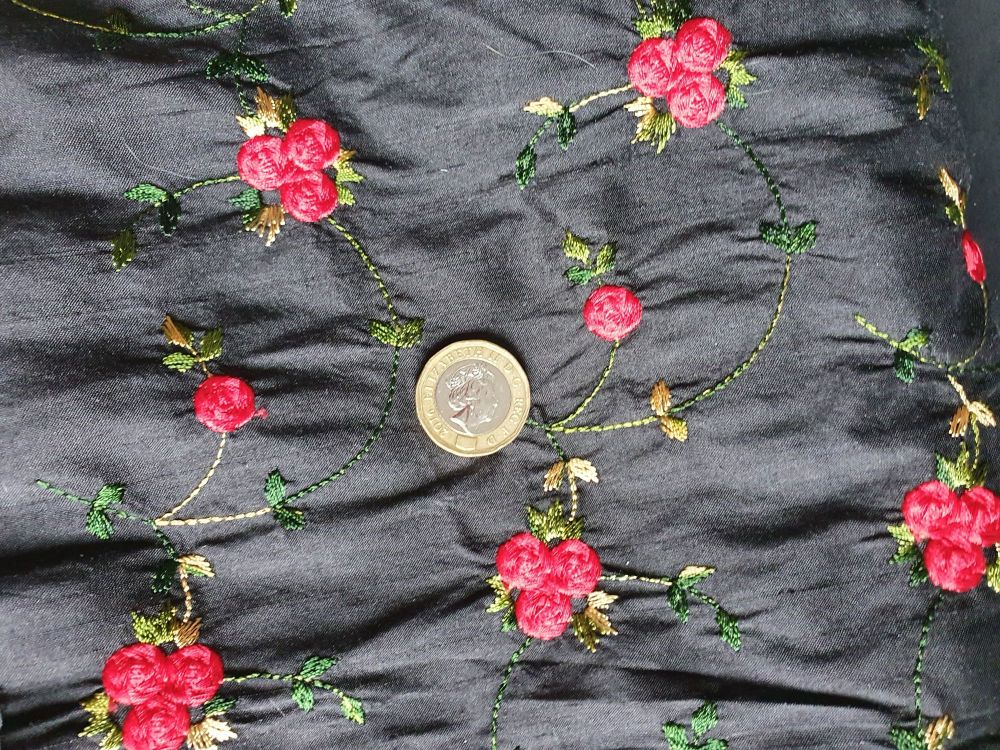 17 x 28 inches black silk with embroidered roses