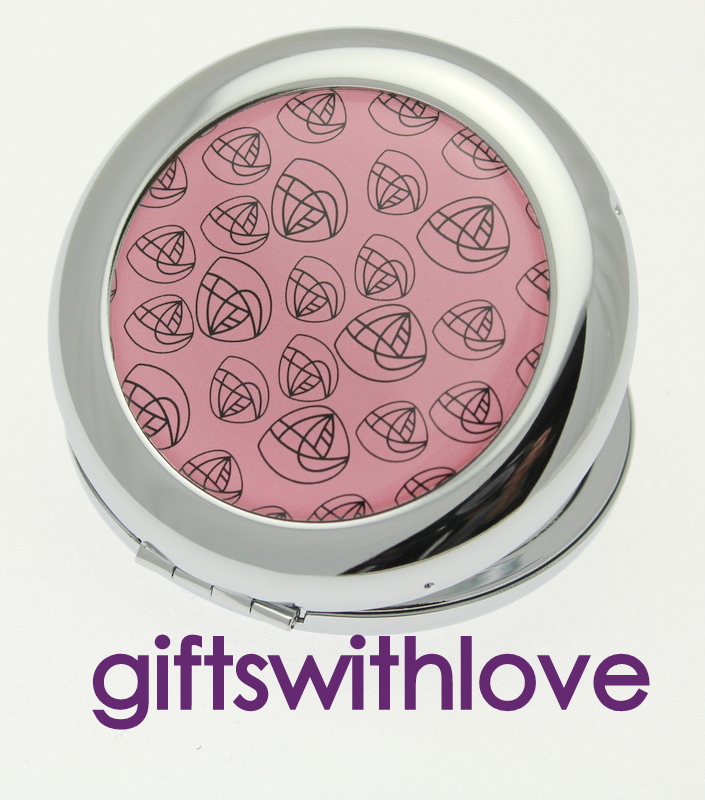Pink floral and Silver Plated Round Mirror compact - FREE ENGRAVING