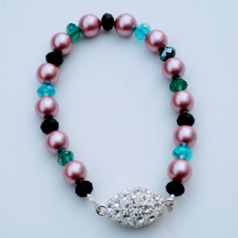 Pink pearl and multi colour faceted crystal bracelet with magnetic rhinesto