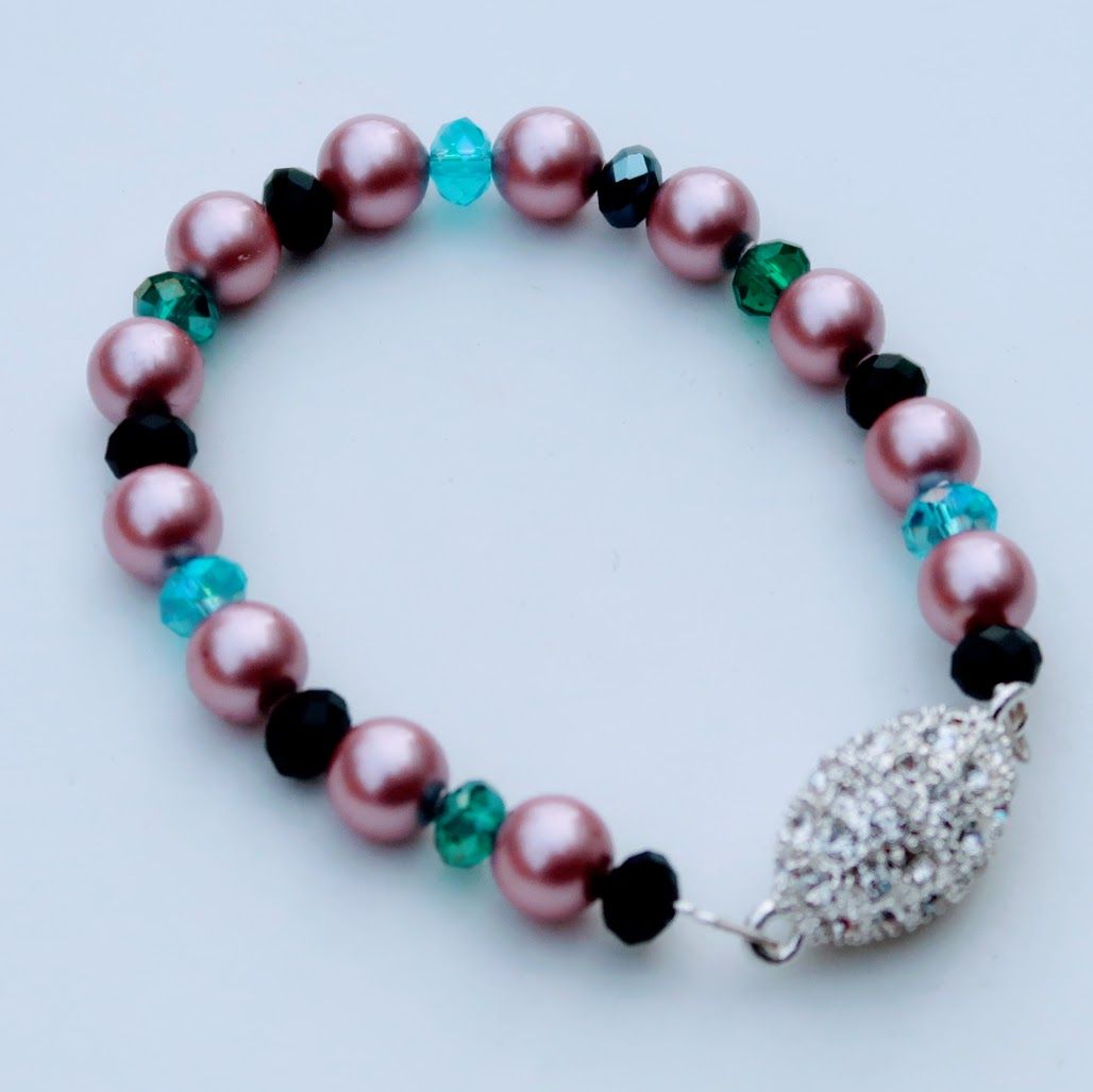 Pink pearl and multi colour faceted crystal bracelet with magnetic rhinestone clasp