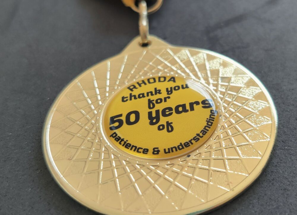 50th Wedding Anniversary Medal & Gold coloured ribbon with option for personalisation on front and back of medal