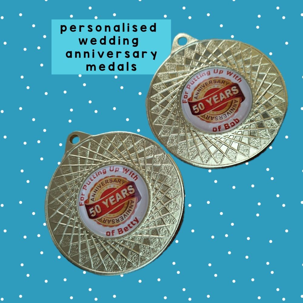 50th Red design Wedding Anniversary Medal & Gold coloured ribbon with option for personalisation on front and back of medal