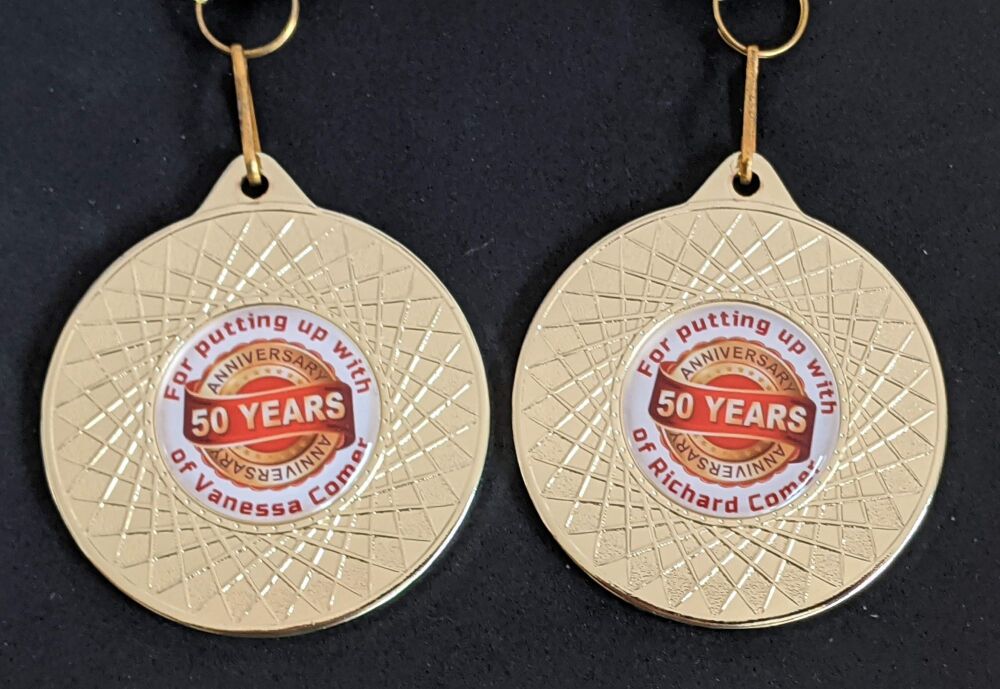 50th Red design Wedding Anniversary Medal & Gold coloured ribbon with option for personalisation on front and back of medal