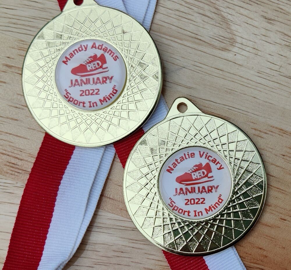 Quality 50mm Red January Sports Medal & Ribbon with option for LOGO and/or personalisation