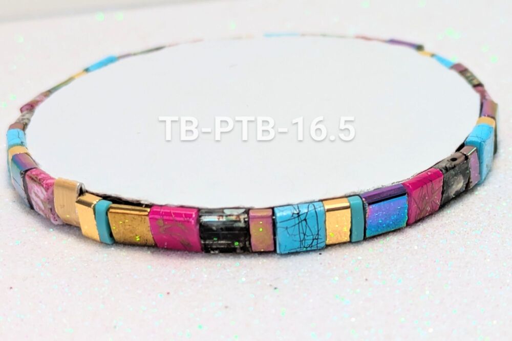 Tila Bead Bracelet with gold and pink accents on stretch elastic