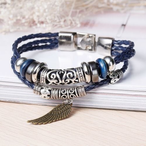 Tri-Layer Leather Bracelet with Multicolor Beads & Wing Pendant