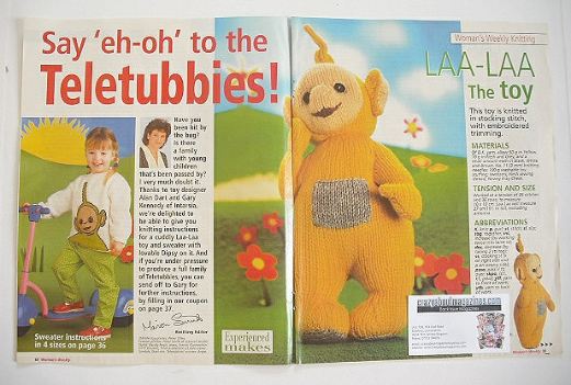 Teletubbies Laa-Laa toy and Dipsy sweater knitting pattern (by Alan Dart an