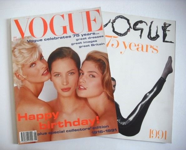 British Vogue magazine - June 1991 - Linda Evangelista, Christy Turlington, Cindy Crawford cover (plus 75 Year Supplement)