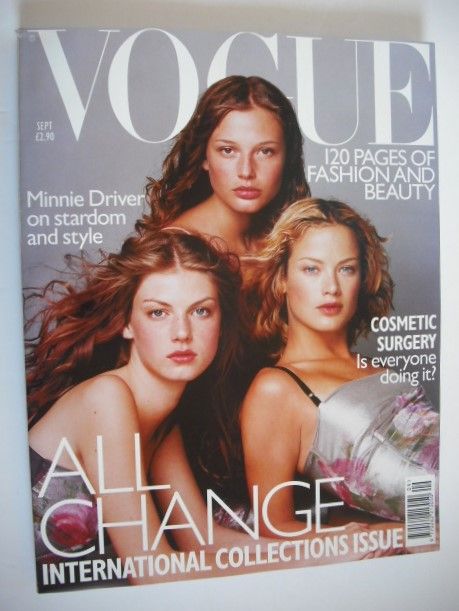 British Vogue magazine - September 1998 - Angela Lindvall, Bridget Hall and Carolyn Murphy cover