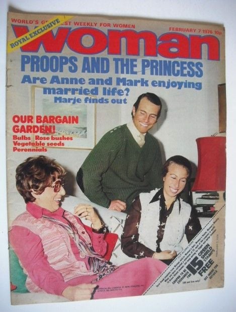 Woman magazine - Princess Anne, Mark Phillips and Marje Proops cover (7 February 1976)