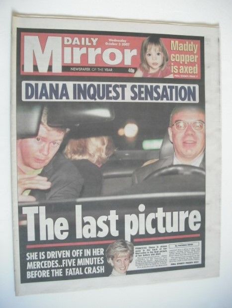 Daily Mirror newspaper - Princess Diana cover (3 October 2007)