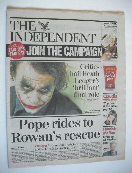 <!--2008-07-16-->The Independent newspaper - Heath Ledger cover (16 July 20