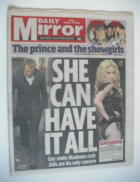 Daily Mirror newspaper - Madonna and Guy Ritchie cover (17 October 2008)
