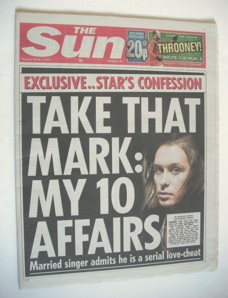 <!--2010-03-11-->The Sun newspaper - Mark Owen cover (11 March 2010)