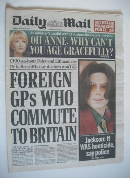 Daily Mail newspaper - Michael Jackson cover (25 August 2009)