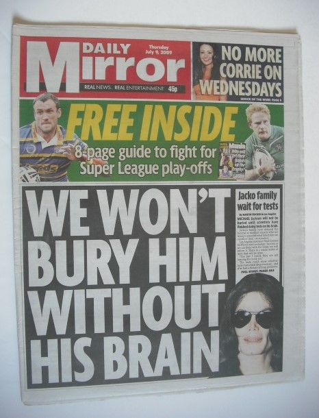 <!--2009-07-09-->Daily Mirror newspaper - Michael Jackson cover (9 July 200