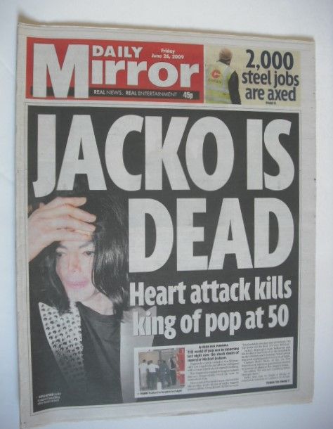 <!--2009-06-26-->Daily Mirror newspaper - Michael Jackson cover (26 June 20