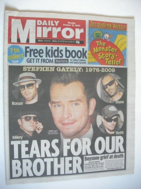 Daily Mirror newspaper - Stephen Gately / Boyzone cover (12 October 2009)