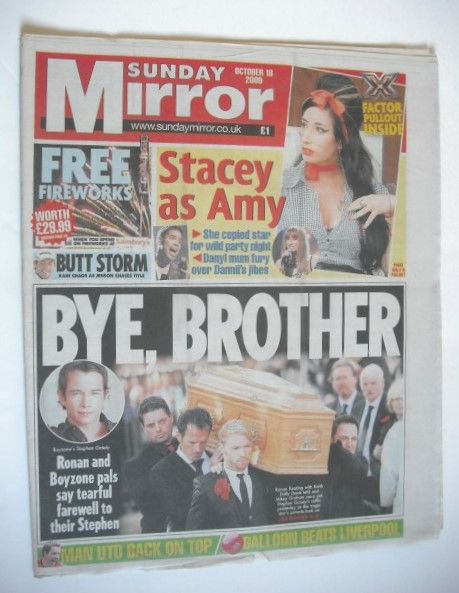 Sunday Mirror newspaper - Stephen Gately funeral cover (18 October 2009)