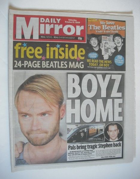 Daily Mirror newspaper - Ronan Keating cover (17 October 2009)