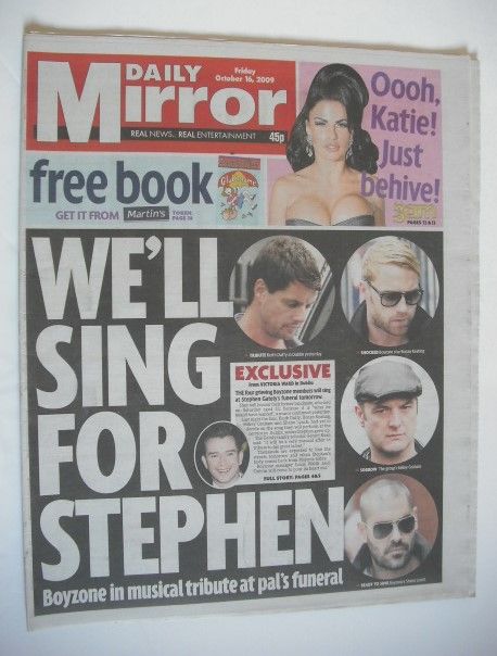 <!--2009-10-16-->Daily Mirror newspaper - Boyzone cover (16 October 2009)