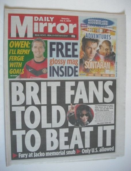 Daily Mirror newspaper - Michael Jackson cover (4 July 2009)