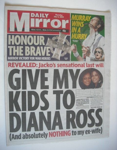 Daily Mirror newspaper - Michael Jackson cover (2 July 2009)