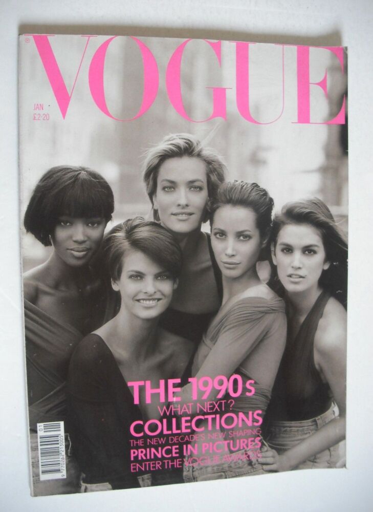 British Vogue magazine - January 1990 - Cindy Crawford, Christy Turlington, Linda Evangelista, Tatjana Patitz and Naomi Campbell cover