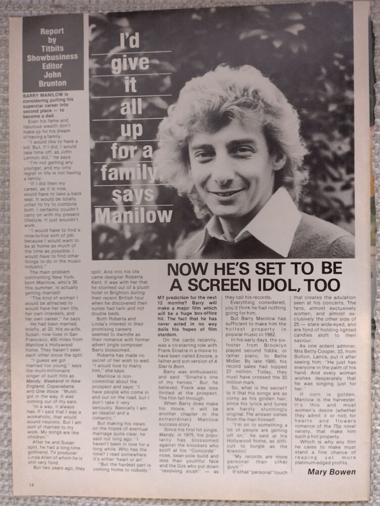 Barry Manilow feature (magazine clipping from 1982)