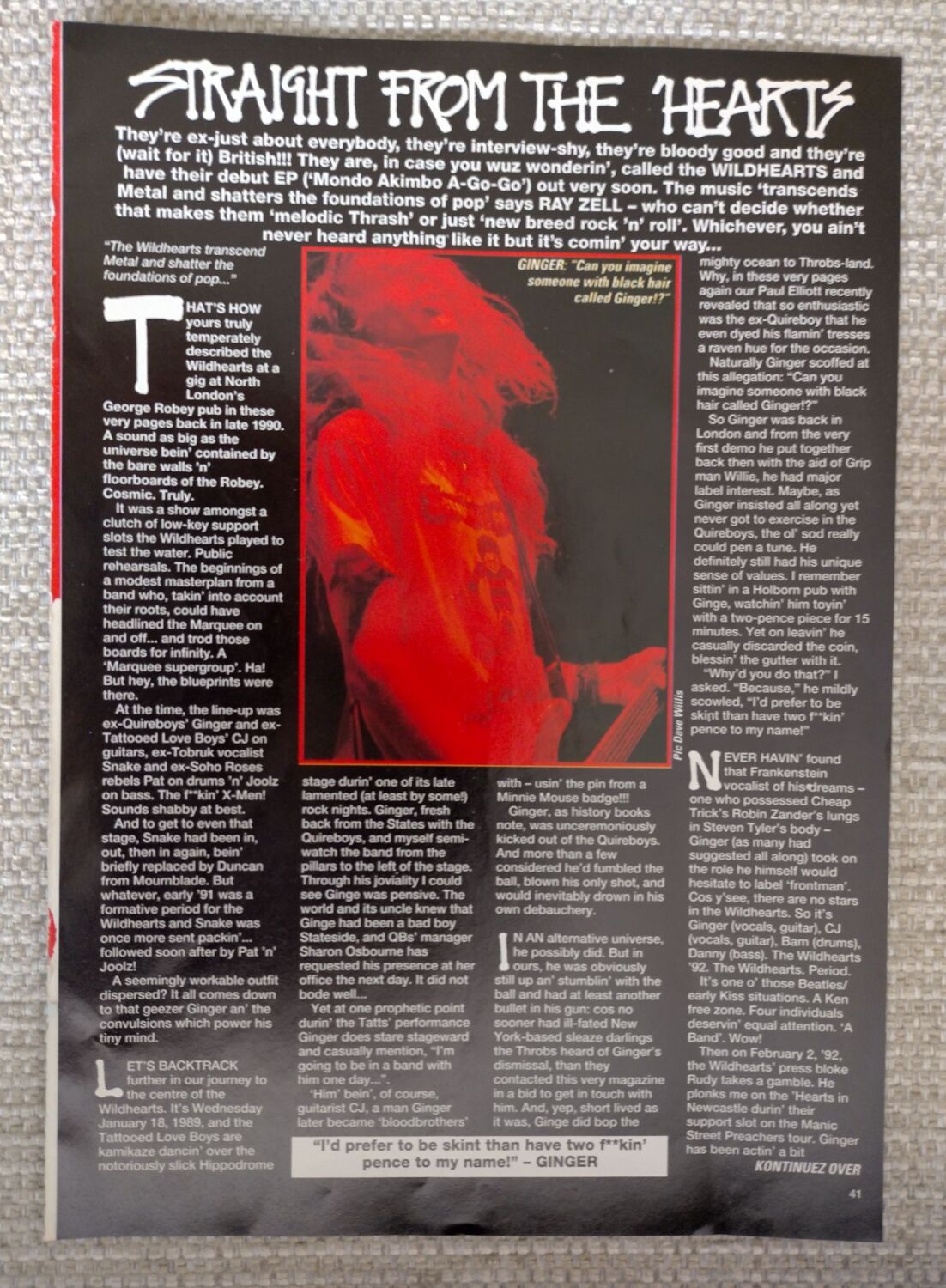 The Wildhearts feature (magazine clipping from 1992)