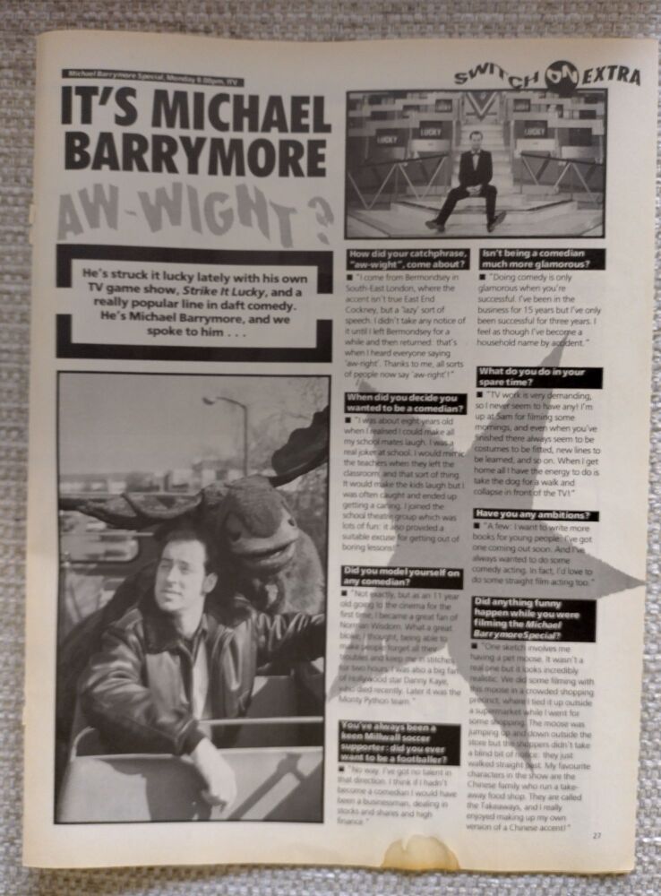 Michael Barrymore feature (magazine clipping from 1987)