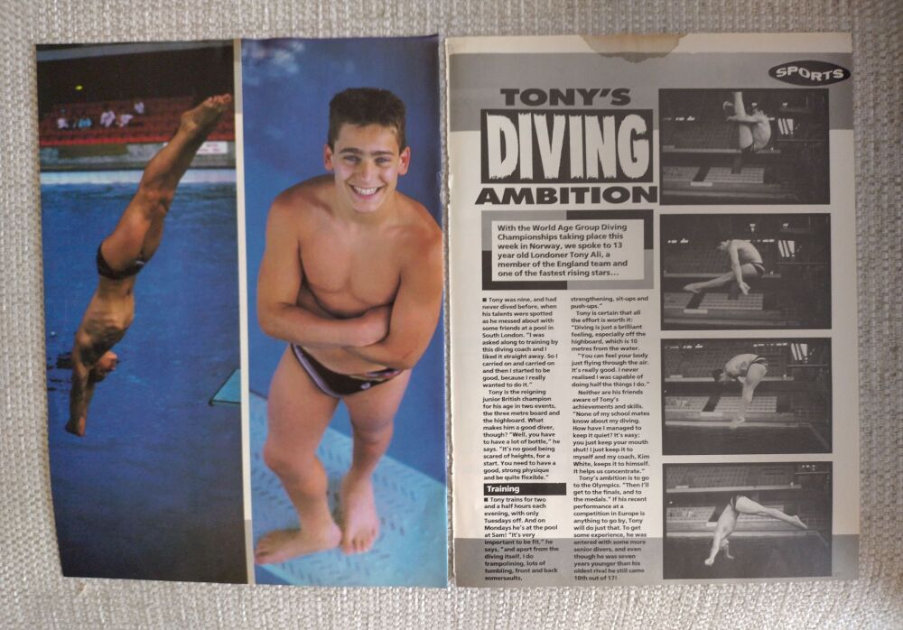 Tony Ali (Diving) feature (magazine clipping from 1987)