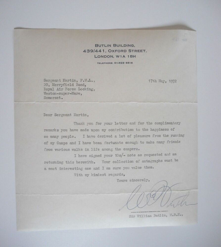 William (Billy) Butlin autograph (hand-signed letter)