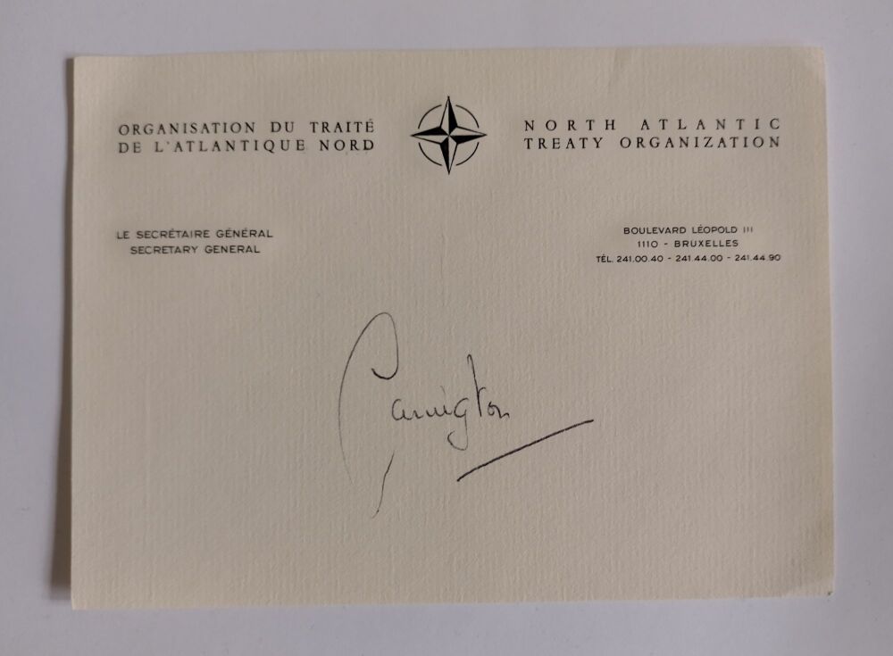 Lord Carrington (Peter Carington, 6th Baron Carrington) autograph (hand-signed NATO notepaper)