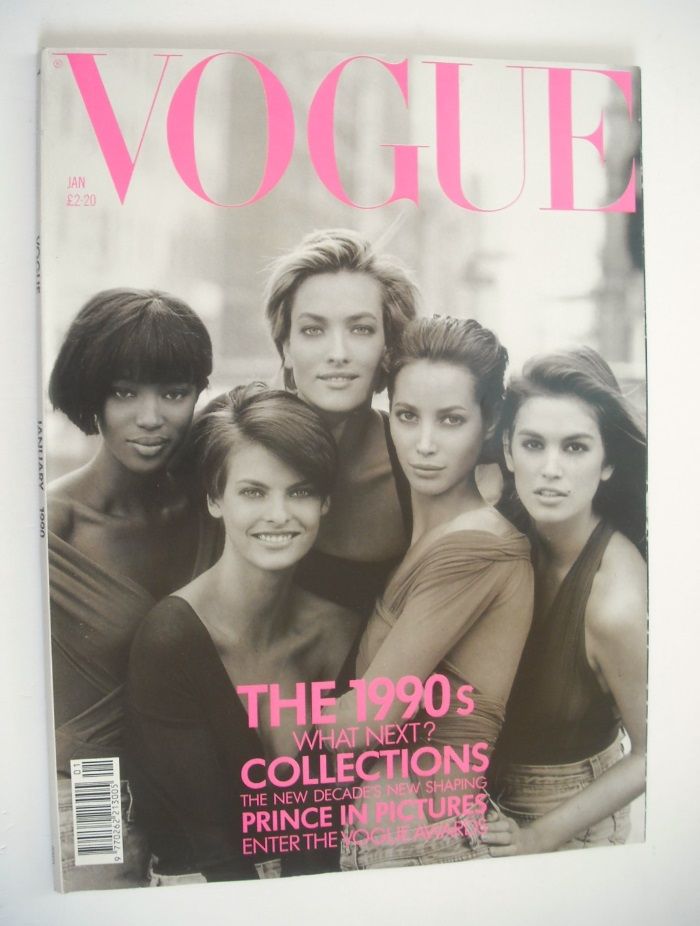 British Vogue magazine - January 1990 - Cindy Crawford, Christy Turlington, Linda Evangelista, Tatjana Patitz and Naomi Campbell cover
