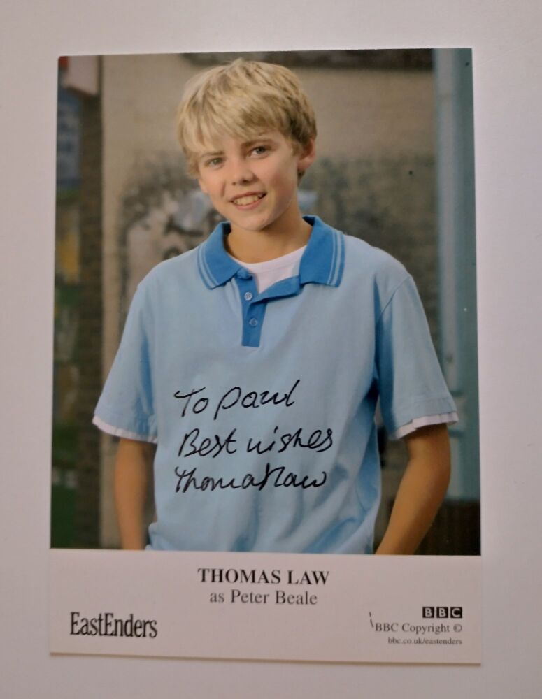 Thomas Law autograph (hand-signed EastEnders cast card)