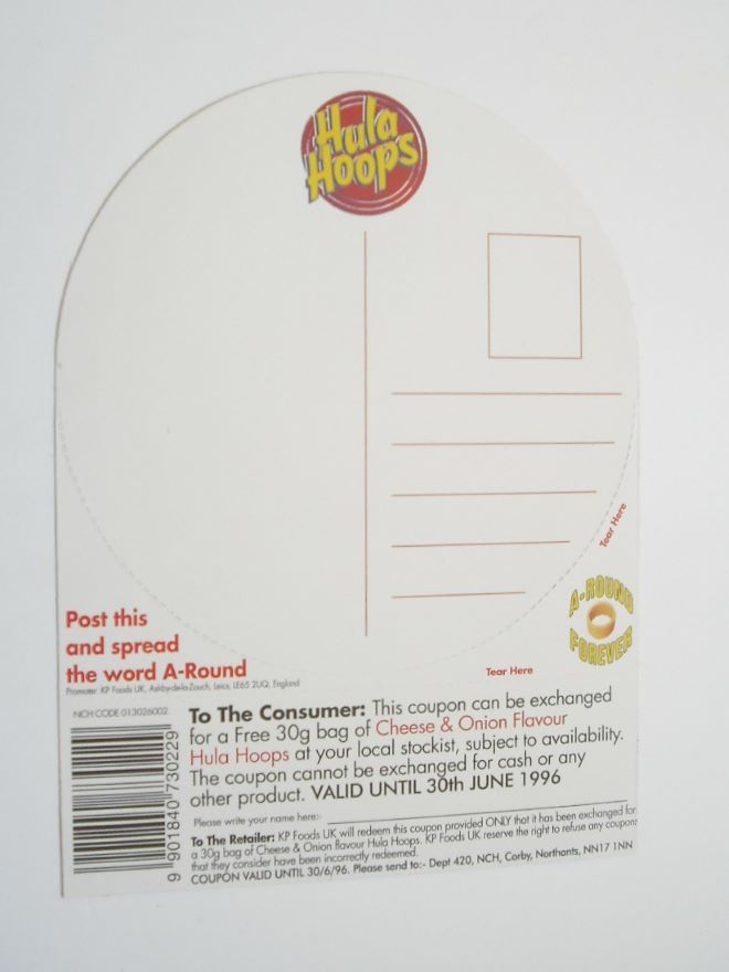 Harry Enfield advertisement card for Hula Hoops (1996)