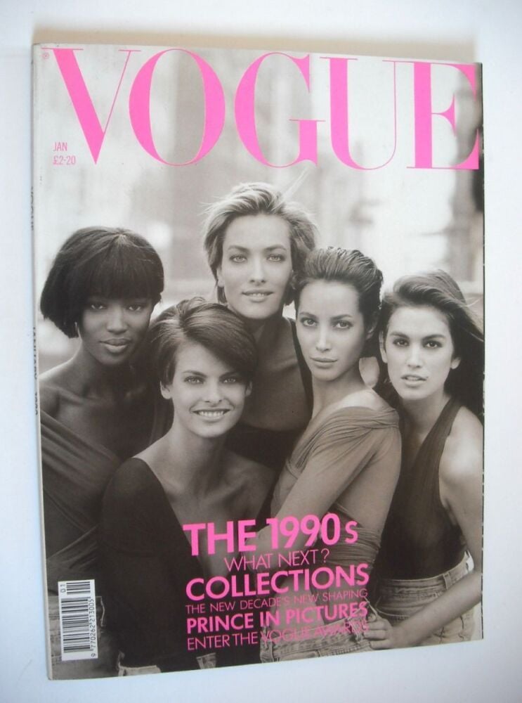 British Vogue magazine - January 1990 - Cindy Crawford, Christy Turlington, Linda Evangelista, Tatjana Patitz and Naomi Campbell cover