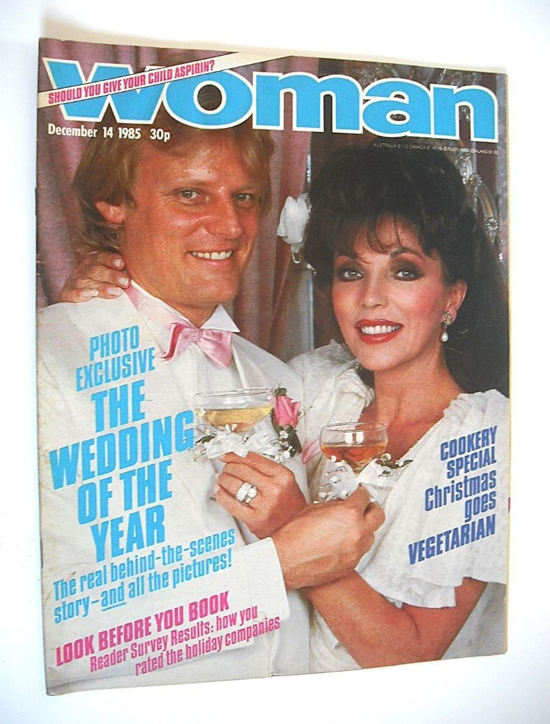 Woman magazine - Peter Holm & Joan Collins wedding cover (14 December 1985)