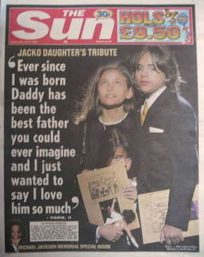 The Sun newspaper - Prince Michael, Paris Jackson and Blanket cover (8 July 2009)