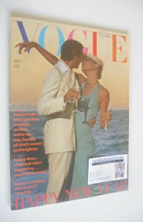British Vogue magazine - January 1974 - Anjelica Huston and Manolo Blahnik cover