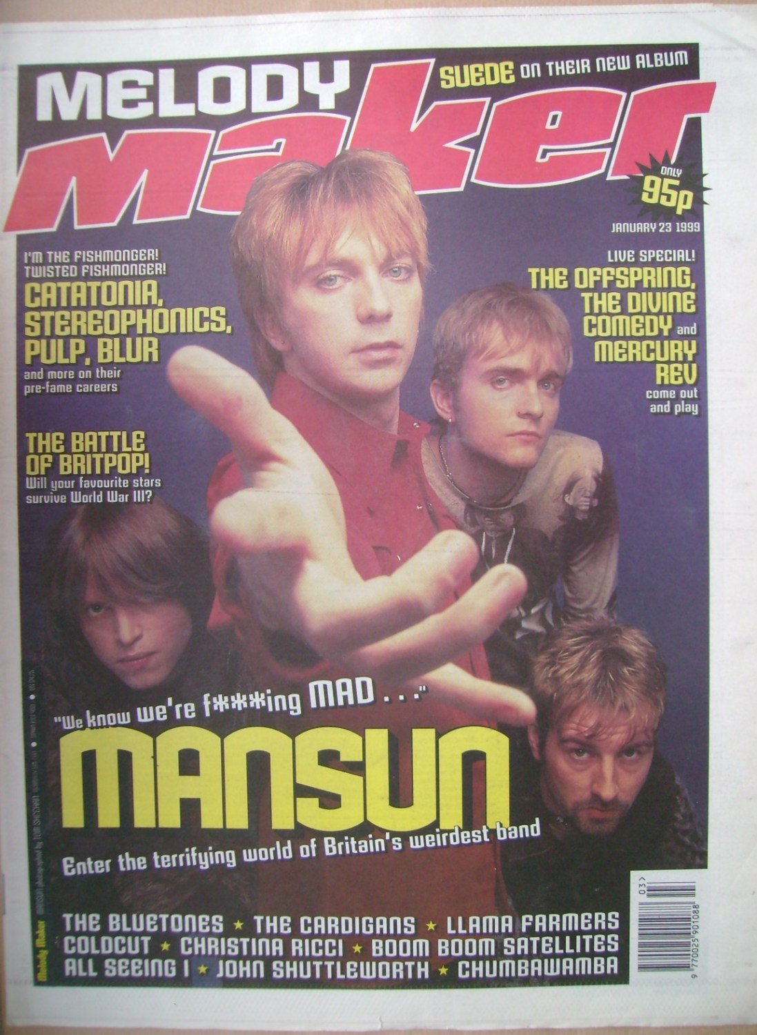 <!--1999-01-23-->Melody Maker magazine - Mansun cover (23 January 1999)