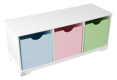 White Wooden Bench With Pastel Storage Bins Fantastic Toy Organiser