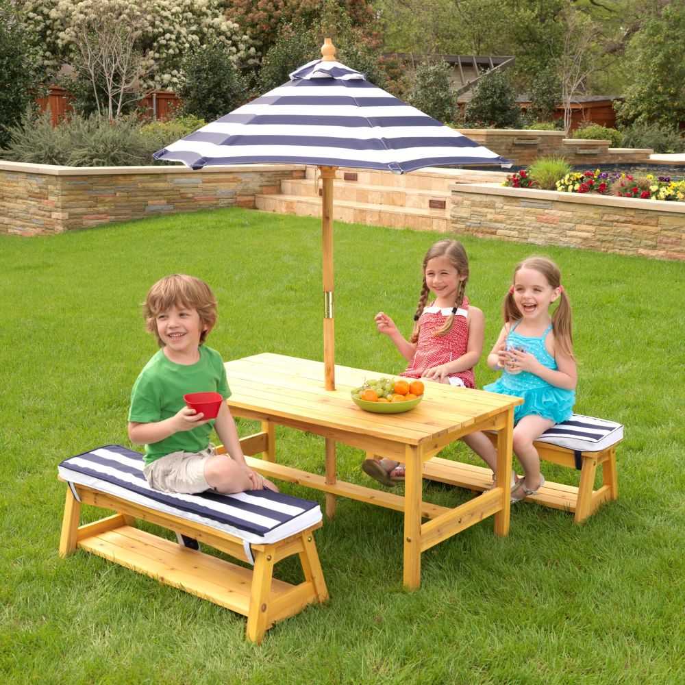 Kids Outdoor Table & Bench Set with Cushions & Umbrella - Navy & White Stripes