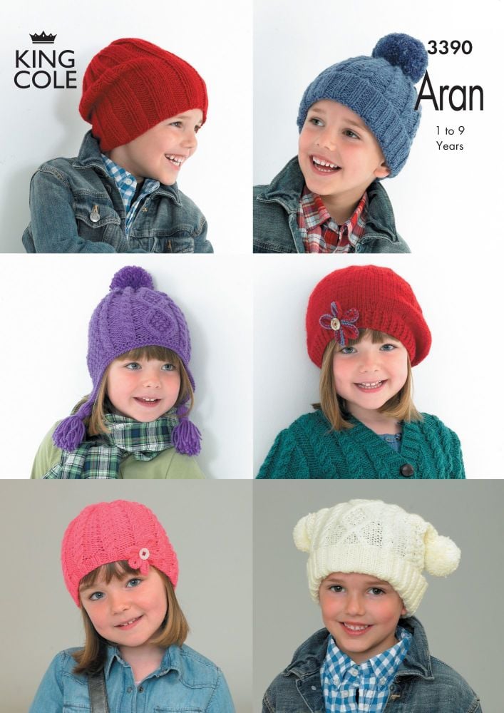 3390 Knitting Pattern Aran - Boys & Girls 1 to 9 Years Hats