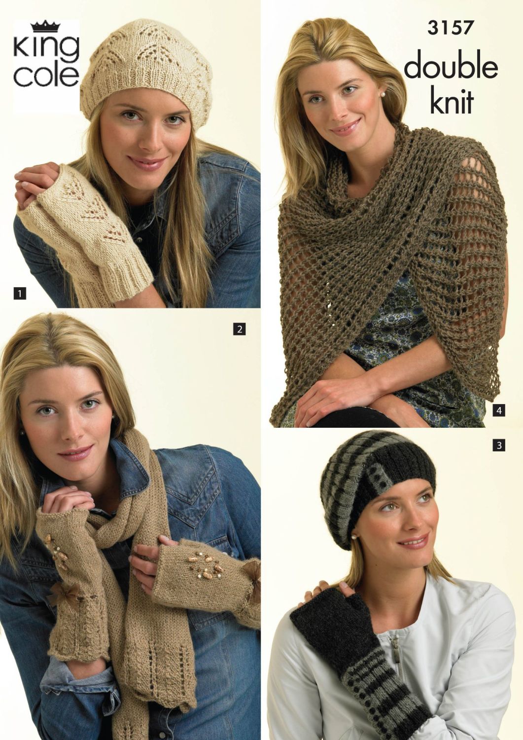 3157 Knitting Pattern Double Knit - Hand Warmers, Hats, Scarf & Shawl