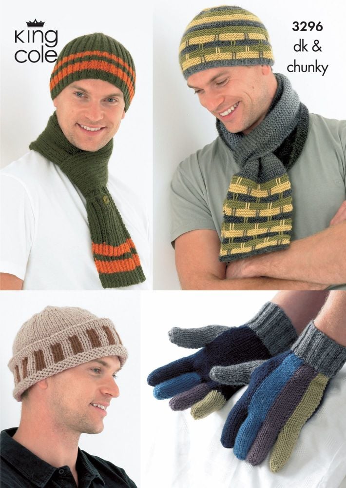 3296 Knitting Pattern DK & Chunky - Mens Hats, Scarfs & Gloves