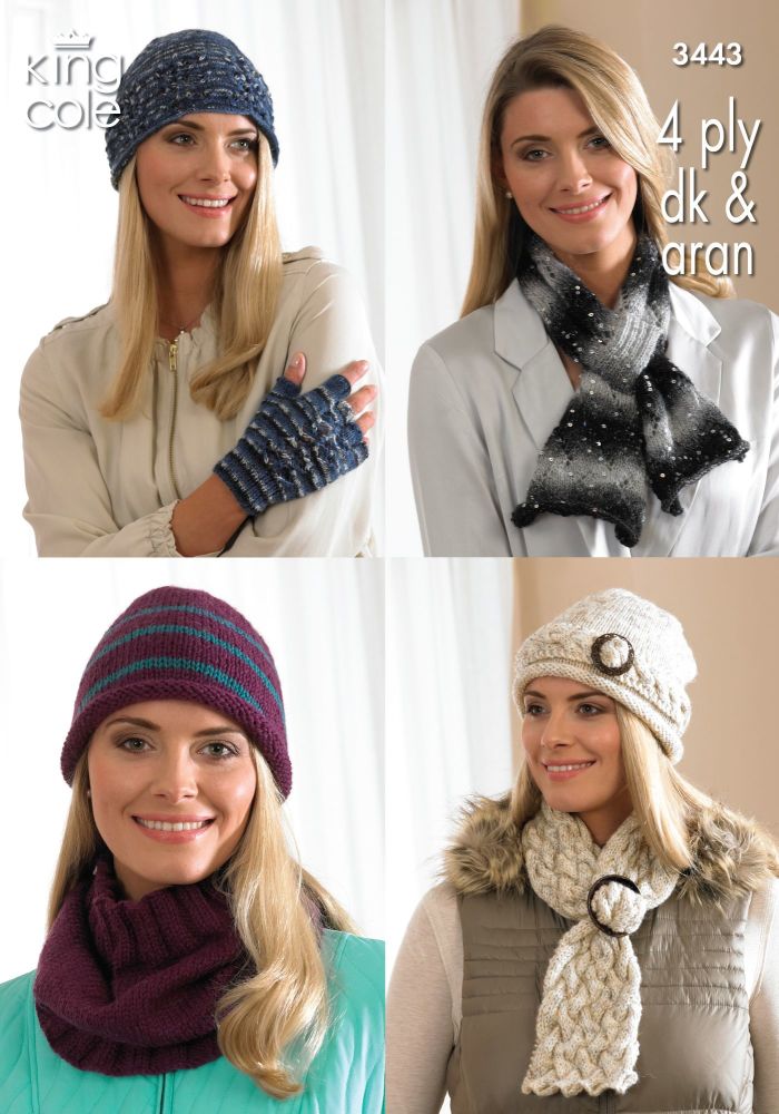 3443 Knitting Pattern 4 Ply, DK & Aran - Ladies Hats, Scarf, Cowl & Fingerless Gloves
